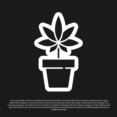Siyah arka planda siyah tıbbi marihuana ya da esrar ikonundaki kenevir bitkisi. Esrar yetiştirme konsepti. Kenevir saksısı. Vektör İllüstrasyonu.