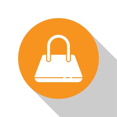 Beyaz El Çantası simgesi beyaz arkaplanda izole edildi. Kadın el çantası işareti. Glamour günlük bagaj sembolü. Turuncu daire düğmesi. Vektör İllüstrasyonu.