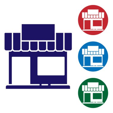 Mavi Alışveriş binası ya da market simgesi beyaz arka planda izole edilmiş. Dükkan inşaatı. Renkli kare düğmelerle simgeleri ayarla. Vektör İllüstrasyonu.