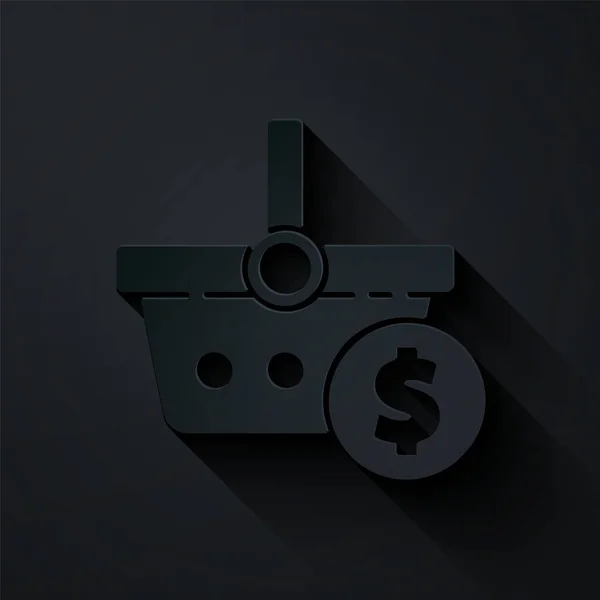 Papperssnitt Shopping Korg Och Dollar Symbol Ikon Isolerad Svart Bakgrund — Stock vektor