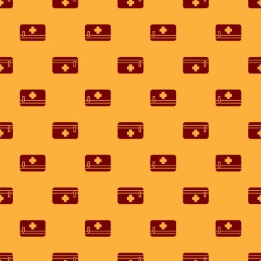 Kırmızı ilk yardım çantasının simgesi kahverengi arka planda izole edilmiş. Haçlı sağlık kutusu. Acil durumlar için tıbbi ekipman. Sağlık sigortası konsepti. Vektör İllüstrasyonu.