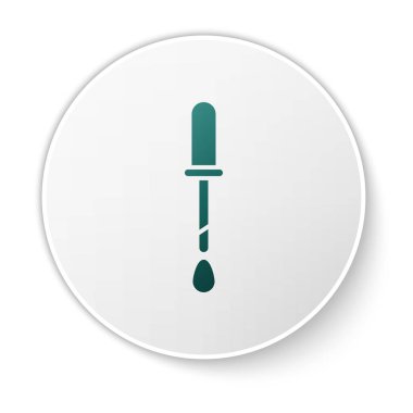 Yeşil Pipette simgesi beyaz arkaplanda izole edildi. Tıbbi elementler, kimya laboratuarı ekipmanları. Damlalı boru. Tıp sembolü. Beyaz daire düğmesi. Vektör İllüstrasyonu.