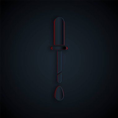 Kağıt kesiği Pipette simgesi siyah arkaplanda izole edilmiş. Tıbbi elementler, kimya laboratuarı ekipmanları. Damlalı boru. Tıp sembolü. Kağıt sanatı tarzı. Vektör İllüstrasyonu.