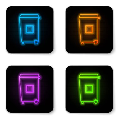Parlayan neon çöp kutusu simgesi beyaz arkaplanda izole edildi. Çöp kutusu tabelası. Sepet simgesini geri dönüştür. Ofis çöpü ikonu. Siyah kare düğme. Vektör İllüstrasyonu.