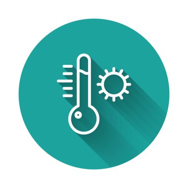 Meteoroloji termometresi uzun gölgeli izole edilmiş ikonu ölçüyor. Termometre termometresi sıcak ya da soğuk hava gösteriyor. Yeşil daire düğmesi. Vektör İllüstrasyonu.