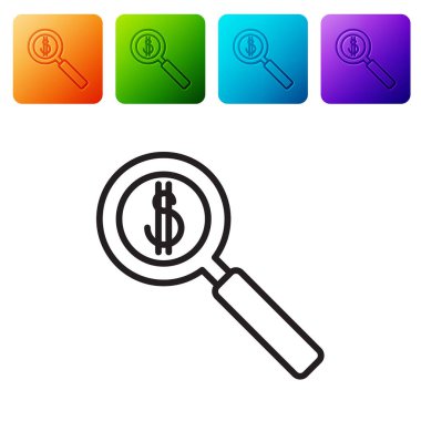 Siyah çizgi büyüteç ve dolar sembolü beyaz arka planda izole edilmiş. Para bul. Para arıyorum. Renkli kare düğmelerle simgeleri ayarla. Vektör İllüstrasyonu.