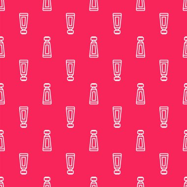 Beyaz çizgi krem ya da losyon kozmetik tüp ikonu kırmızı arkaplanda izole edilmiş pürüzsüz desen. Erkekler için vücut bakım ürünleri. Vektör İllüstrasyonu.