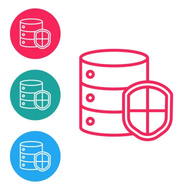 Beyaz arkaplanda kalkan simgesi olan kırmızı çizgi sunucusu. Saldırılara karşı koruma. Ağ güvenlik duvarı, yönlendirici, anahtar, veri. Simgeleri daire düğmelerine ayır. Vektör İllüstrasyonu.