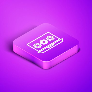 Mor arkaplanda izole edilmiş parola bildirim simgesine sahip Isometric satır dizüstü bilgisayarı. Güvenlik, kişisel erişim, kullanıcı yetkisi, giriş formu. Mor kare düğme. Vektör İllüstrasyonu.