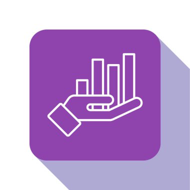 Beyaz çizgi pasta grafiği bilgi simgesi beyaz arkaplanda izole edildi. Diyagram çizelgesi. Mor kare düğme. Vektör İllüstrasyonu.