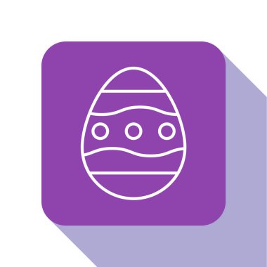 Beyaz çizgili Paskalya yumurtası ikonu beyaz arka planda izole edilmiş. Mutlu Paskalyalar. Mor kare düğme. Vektör İllüstrasyonu.