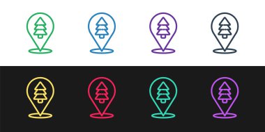 Ormanın yerini siyah beyaz arkaplanda izole edilmiş bir harita simgesine ayarla. Vektör İllüstrasyonu.