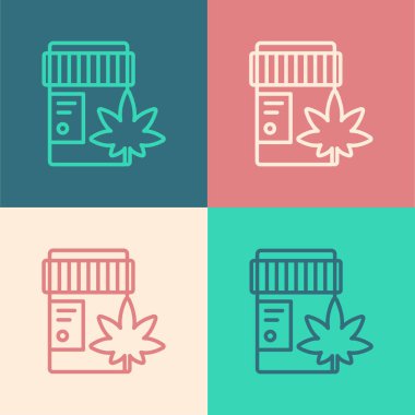 Esrar ya da kenevir yaprağı ikonuyla renklendirilmiş sanat eseri şişesi. Kavanozlardaki kenevir yağı özlerini taklit et. Vektör İllüstrasyonu.