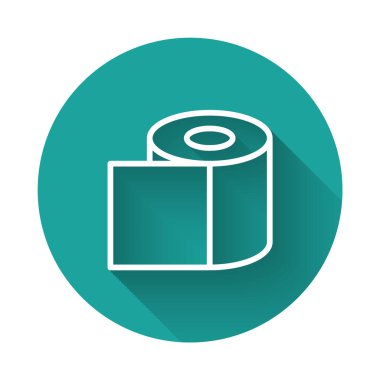 Beyaz çizgi tuvalet kağıdı rulo ikonu uzun gölgeli izole edilmiş. Yeşil daire düğmesi. Vektör İllüstrasyonu.