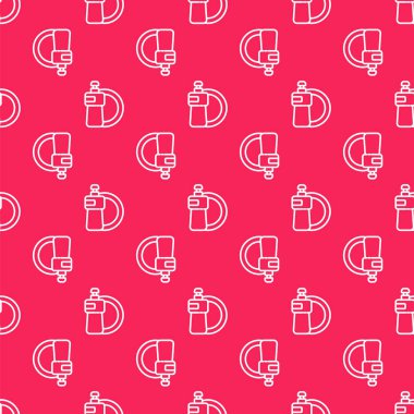 Beyaz çizgi, bulaşık deterjanı şişesi ve plaka simgesi kırmızı arka planda izole edilmiş. Bulaşık yıkamak için sıvı deterjan. Vektör İllüstrasyonu.