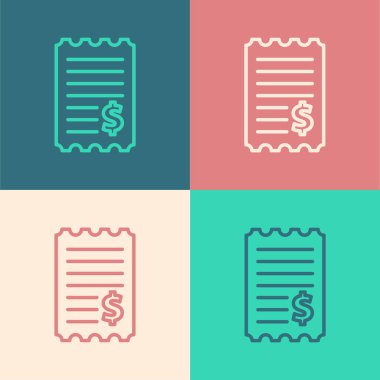 Pop Art Line Kağıt Kontrolü ve finansal kontrol simgesi renkli arkaplanda izole edildi. Kağıt baskı çeki, makbuz ya da fatura. Vektör İllüstrasyonu.