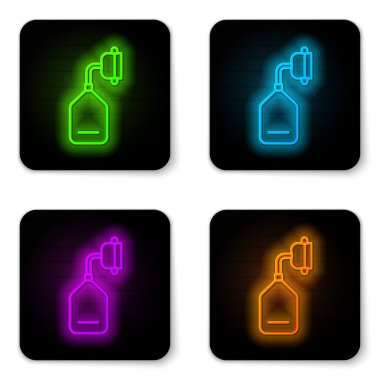 Parlayan neon hattı medikal oksijen maskesi ikonu beyaz arkaplanda izole edildi. Siyah kare düğme. Vektör İllüstrasyonu.