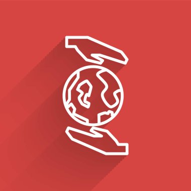 Beyaz çizgi. İnsan elleri Dünya 'nın ikonunu uzun gölgeli tutuyor. Dünya kavramını sakla. Vektör İllüstrasyonu.