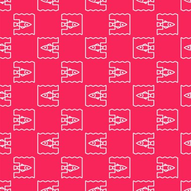 Beyaz çizgi, okyanus plastik kirliliği ikonunu durdurur. Kırmızı arka planda izole edilmiş pürüzsüz desen. Çevre koruma kavramı. Balıklar plastiğe hayır der. Vektör İllüstrasyonu.