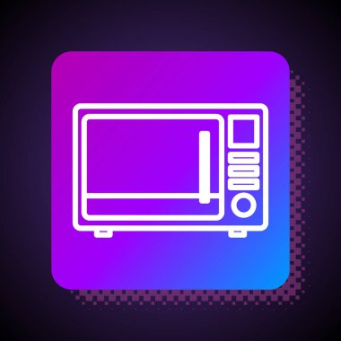 Beyaz çizgi mikrodalga fırın ikonu siyah arkaplanda izole edilmiş. Ev aletleri simgesi. Kare renk düğmesi. Vektör İllüstrasyonu.