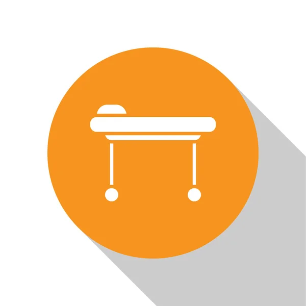 Ikona Bílého Natahovače Izolovaná Bílém Pozadí Nemocniční Nosítka Oranžový Knoflík — Stockový vektor