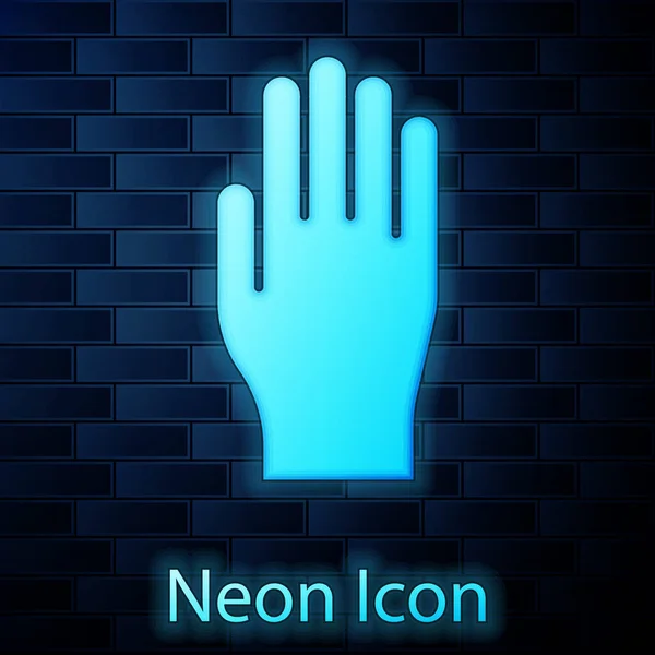 Glowing Neon Medical Rubber Gloves Icon Isolated Brick Wall Background — Stock Vector