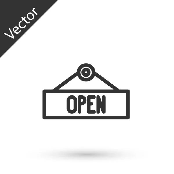 Grey Line Hanging Sign Text Open Door Icon Isolated White — Stock Vector