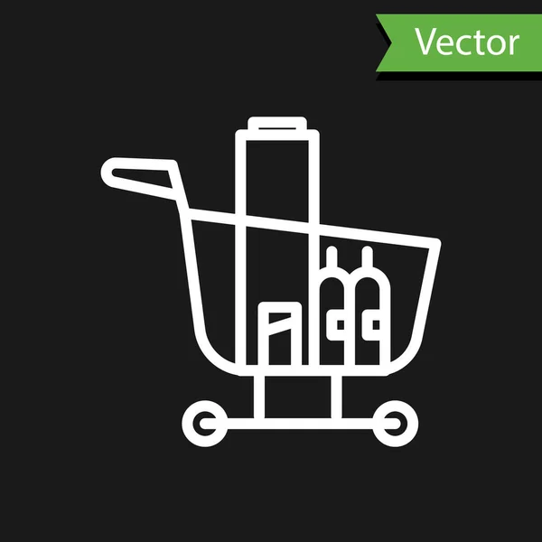 White Line Shopping Cart Food Icon Isolated Black Fone Продовольственный — стоковый вектор