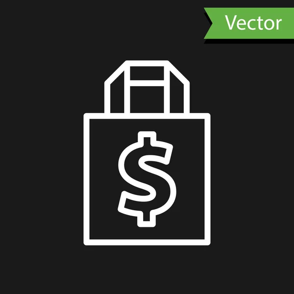 Weiße Linie Einkaufstasche Und Dollarsymbol Isoliert Auf Schwarzem Hintergrund Handtaschenschild — Stockvektor
