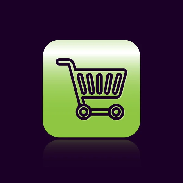 黑线购物车图标隔离在黑色背景 网上购物的概念 送货服务标志 超级市场篮子的象征 绿色正方形按钮 病媒图解 — 图库矢量图片