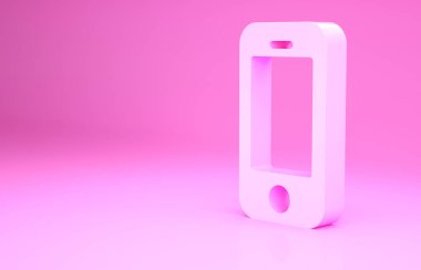 Pembe akıllı telefon, pembe arka planda izole edilmiş cep telefonu simgesi. Minimalizm kavramı. 3d illüstrasyon 3B canlandırma.