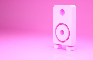 Pembe Stereo hoparlör ikonu pembe arka planda izole edildi. Ses sistemi hoparlörleri. Müzik ikonu. Müzikal sütun hoparlörü. Minimalizm kavramı. 3d illüstrasyon 3B canlandırma.