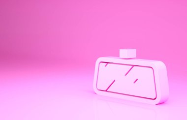 Pembe araba ayna ikonu pembe arka planda izole edilmiş. Minimalizm kavramı. 3d illüstrasyon 3B canlandırma.