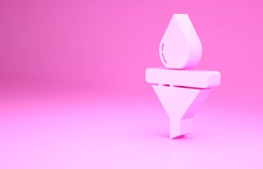 Pembe huni veya filtre ve motor yağı damlası ikonu pembe arka planda izole edilmiş. Minimalizm kavramı. 3d illüstrasyon 3B canlandırma.