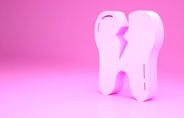 Pembe kırık diş ikonu pembe arka planda izole edilmiş. Diş problemi ikonu. Diş sağlığı sembolü. Minimalizm kavramı. 3d illüstrasyon 3B canlandırma.