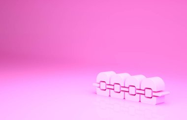Pembe arkaplanda izole edilmiş diş teli simgesi olan pembe dişler. Diş ısırığının hizası, diş telli sıra. Diş konsepti. Minimalizm kavramı. 3d illüstrasyon 3B canlandırma.