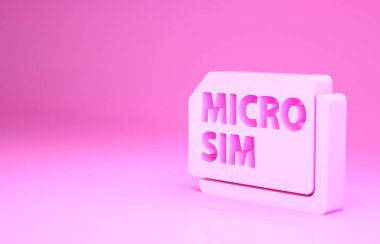 Pembe Sim Kart simgesi pembe arkaplanda izole edilmiş. Mobil ve kablosuz iletişim teknolojileri. Ağ çipi elektronik bağlantısı. Minimalizm kavramı. 3d illüstrasyon 3B canlandırma.
