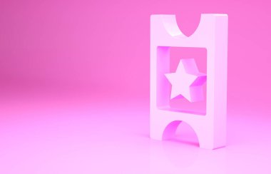 Pembe sinema bileti ikonu pembe arka planda izole edilmiş. Minimalizm kavramı. 3d illüstrasyon 3B canlandırma.