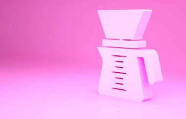Pembe Chemex simgesi pembe arka planda izole edilmiş. Alternatif kahve demleme yöntemleri. Kahve kültürü. Minimalizm kavramı. 3d illüstrasyon 3B canlandırma.