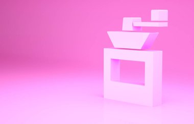 Pembe manuel kahve öğütücü ikonu pembe arka planda izole edilmiş. Minimalizm kavramı. 3d illüstrasyon 3B canlandırma.