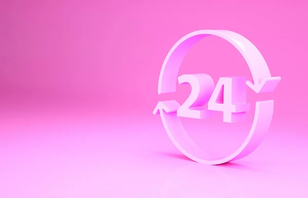 粉红时钟24小时图标隔离在粉红色背景 整天循环图标 24小时服务标志 最低纲领的概念 3D渲染3D插图 — 图库照片