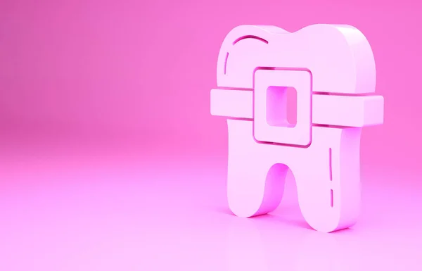 ピンクの背景に独立したブレースアイコンを持つピンクの歯 歯の一口の配置 ブレースと歯科行 歯の概念 最小限の概念 3Dイラスト3Dレンダリング — ストック写真