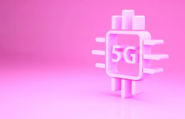 Pink Computer processor 5G with microcircuits CPU icon isolated on pink background. Chip or cpu with circuit board. Micro processor. Minimalism concept. 3d illustration 3D render.