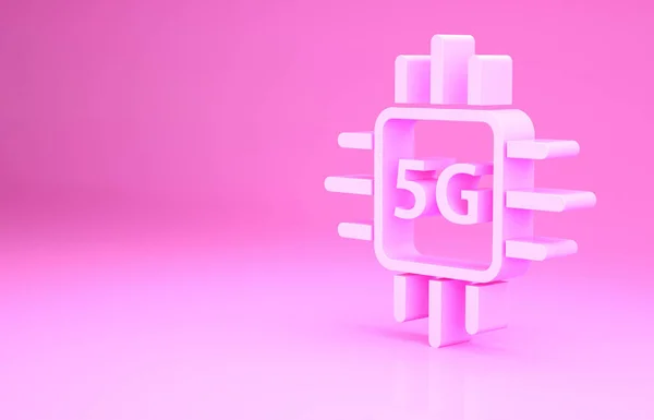 ピンクの背景に絶縁されたマイクロ回路のCpuアイコンを持つピンクのコンピュータプロセッサ5G 回路基板付きチップまたはCpu マイクロプロセッサだ 最小限の概念 3Dイラスト3Dレンダリング — ストック写真