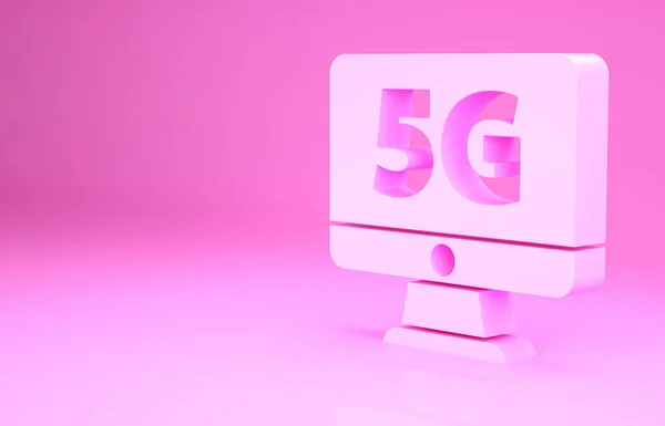 Pink Monitor Nowy Bezprzewodowy Internet Wifi Ikona Izolowana Różowym Tle — Zdjęcie stockowe