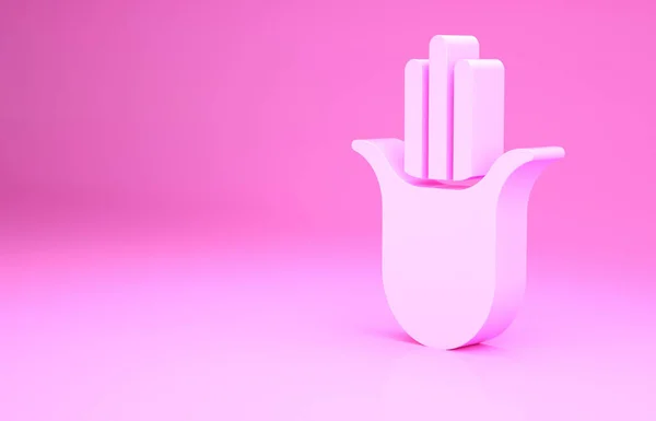 ピンクのハムサの手のアイコンがピンクの背景に隔離されています ファティマの手 魔除け 悪魔の目からの保護のシンボル 最小限の概念 3Dイラスト3Dレンダリング — ストック写真