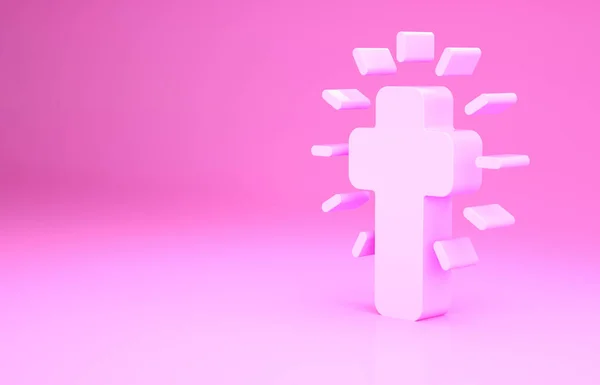 ピンクのキリスト教の十字のアイコンがピンクの背景に孤立した 教会の十字架 最小限の概念 3Dイラスト3Dレンダリング — ストック写真