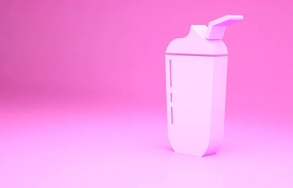 粉色奶昔图标孤立在粉红色的背景 有盖子和稻草的塑料杯 最低纲领的概念 3D渲染3D插图 — 图库照片