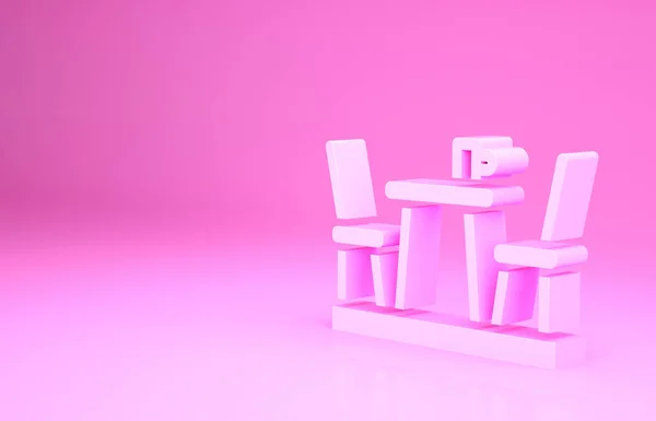 ピンクフランスのカフェアイコンがピンクの背景に隔離されています ストリートカフェ テーブルと椅子 最小限の概念 3Dイラスト3Dレンダリング — ストック写真