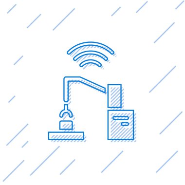 Mavi çizgi endüstriyel robot robot kol fabrikası ikonu beyaz arka planda izole edildi. Endüstriyel robot manipülatörü. Vektör.
